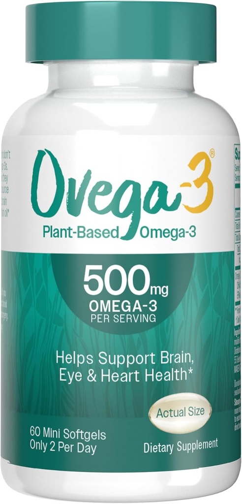 OVEGA-3 Pflanzenbasierte Omega-3 von Algal Oil Daily Supplement, 500mg, unterstützt Gehirn, Augen- und Herzgesundheit, Zwei Mini-Softgel pro Tag, 60 Zähler