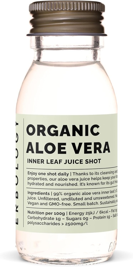 Erbology Organic Aloe Vera Juice 12 Daily Shots (2 fl oz) - Immunitätsunterstützung und Detox - von Inner Leaf - direkt vom Bauernhof in Spanien - Uniluted - Kein hinzugefügter Zucker - Non-GMO - Recyclable Glass Bottle