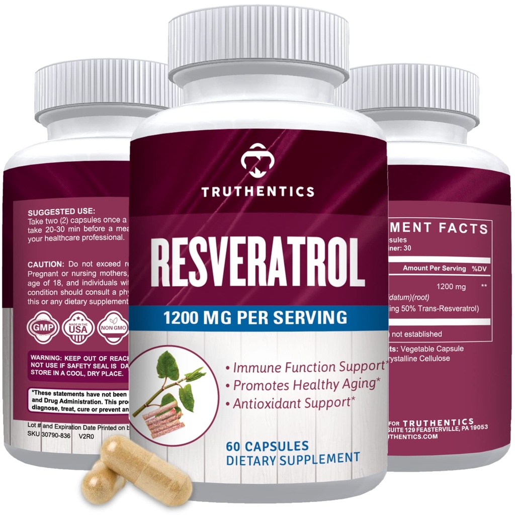 TRUTHENTICS Resveratrol Supplement 1200mg - Japanische Knotweed Kapseln - Hohe Potenz Trans Resveratrol Nahrungsergänzungsmittel für gesundes Altern, Vibrant Haut und Immune Gesundheit - 60 Vegan Kapseln