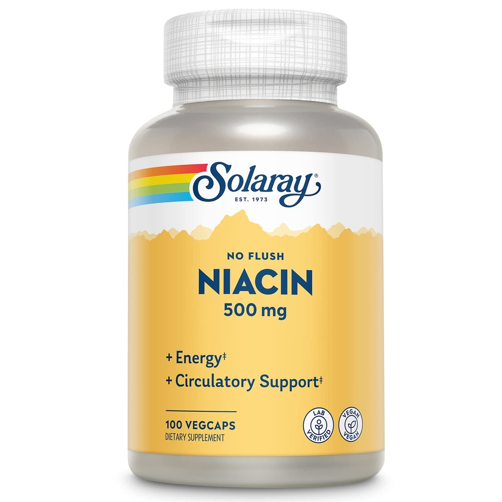 SOLARAY No Flush Niacin 500mg, Flush-Free Vitamin B3 Niacin, Energie und Kreislauf System Unterstützung, Vegan, Lab Verified, 60-Day Geld-Back-Garantie, 100 Servietten, 100 VegCaps