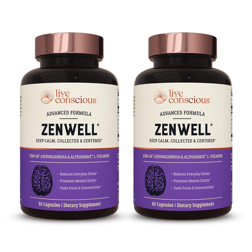 Live Conscious KSM-66 Ashwagandha Supplement w/L Theanine & AlphaWave - ZenWell Everyday Stress Relief, Kognitive, Gehirngesundheit - Ashwagandha für Männer & Frauen - 60 Kapseln (2-Pack)