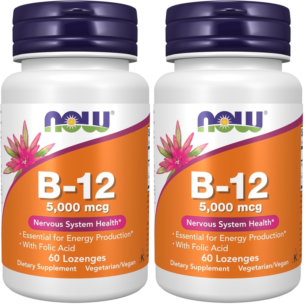 MAINTENANT suppléments, vitamine B-12 5 000 mcg, avec acide folique, santé du système nerveux*, 60 lozenges (paquet de 2)