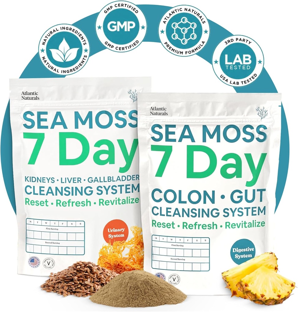 Atlantic Naturals Sea Moss 7-Day Full Body Cleanse Detox Bundle, Colon Cleanse Powder mit Psyllium Husk Senna Powder & Organic Sea Moss Powder Kidney, Liver, Gallbladder, Ananas Flavor Drink Mix
