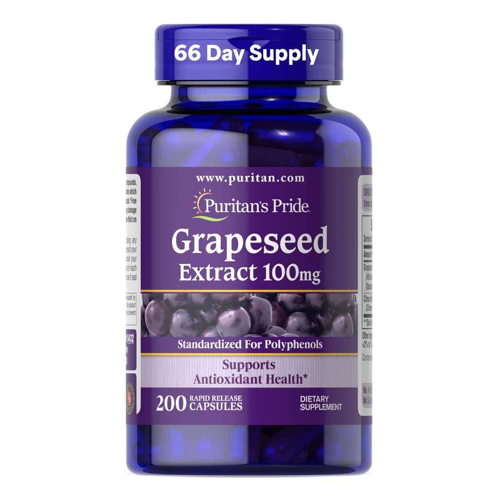 Puritan's Pride Grapeseed Extract 100mg mit Citrus Bioflavonoid Complex, Nahrungsergänzung für Antioxidans und Herzgesundheitsunterstützung, 200 Rapid Release Capsules