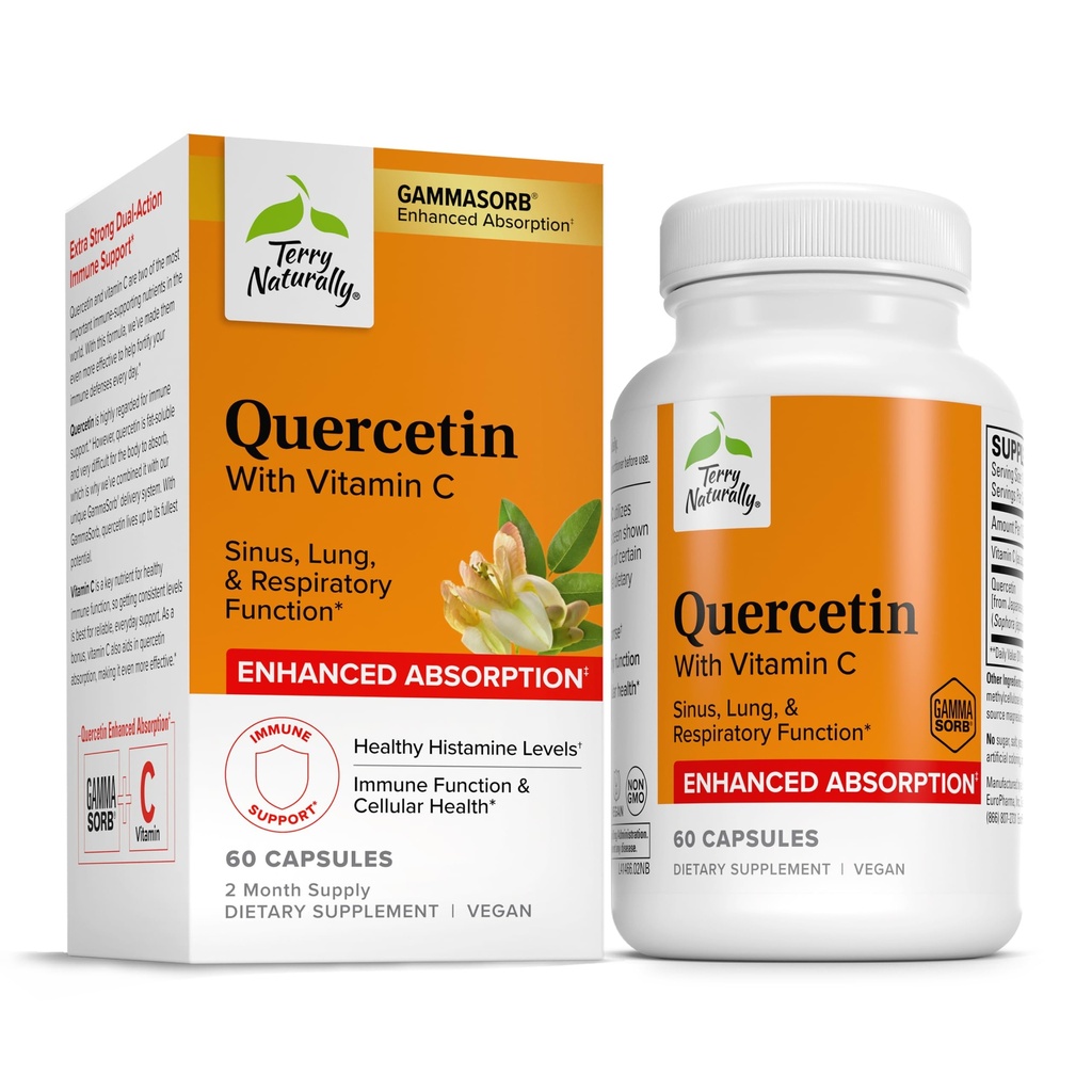 Terry naturellement Quercetin avec vitamine C Absorption améliorée - Supplément Quercetin pour le soutien immunitaire et la santé cellulaire - Supplément respiratoire pour la santé du sinus et du poumon - 60 capsules