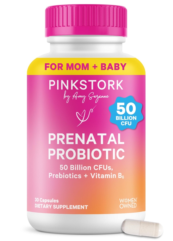 Pink Stork Pränatale Probiotika für Frauen - 50 Billion CFU, Vitamin B6, Präbiotika, Morgenkrankheit, Gut Microbiome, Prägnancy Probiotic, Immununterstützung, Schwangerschaft Must Haves - 30 Kapseln