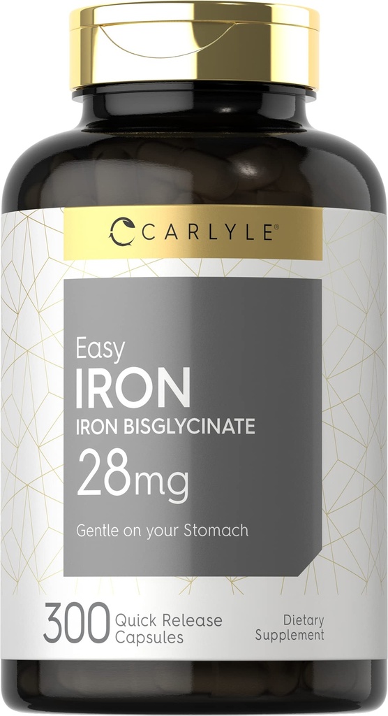 Carlyle einfache Eisen Ergänzung für Frauen und Männer | 28mg | 300 Kapseln | als Ferrous Bisglycinat | Non-GMO und Gluten kostenlos
