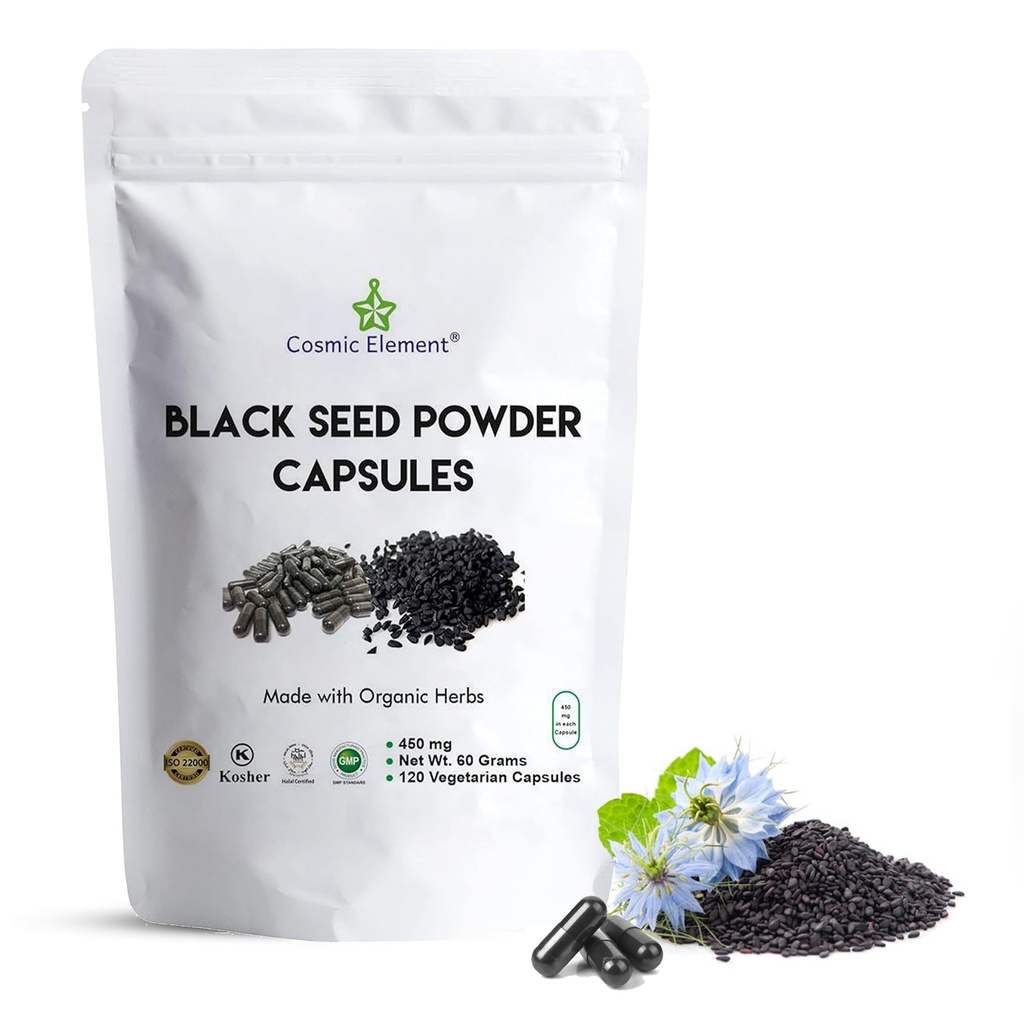 Cosmic Element 100% reines schwarzes gesägtes Pulver Kapseln Organisch - Vegan Nigella Sativa 450mg Black Cumin Seeds per Serving for Health - 120 Kapseln