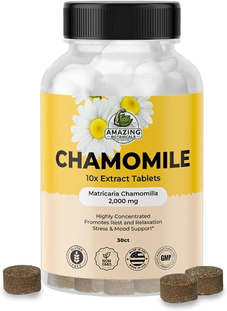 Erstaunliche Botanik Organische Kamille Extrakt Tabletten - Matricaria Chamomilla Pflanzenbasierte Ergänzung - 10x Extract 2000 MG Jeder - Fördert Entspannung - 30 Tabletten