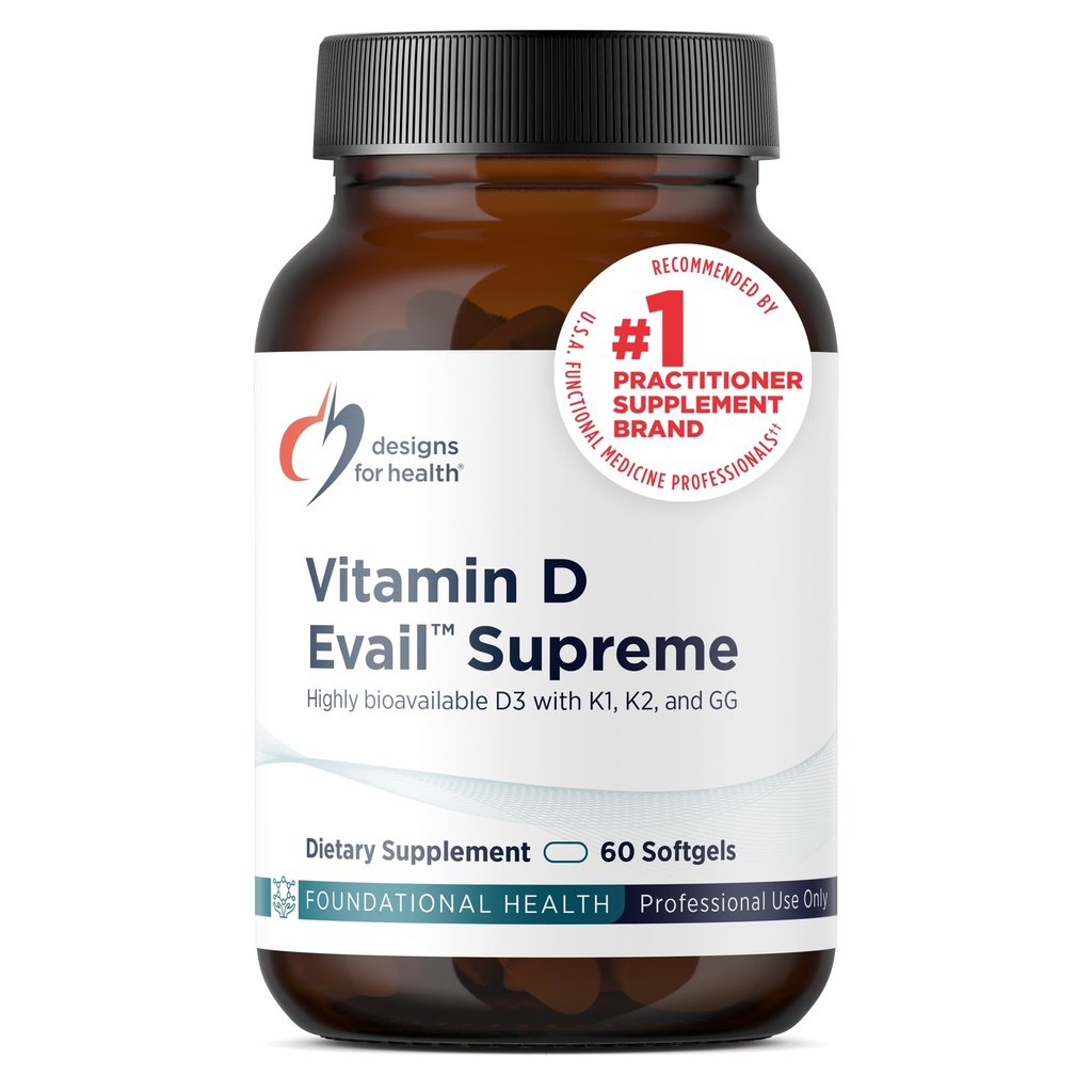Designs for Health D-Evail Supreme - Supplément Vitamine D3 de 5 000 UI avec VIT K (K1, K2 sous forme de MK-4) + GG - Bone, Cardiovasculaire + Immune Support - Biodisponibilité améliorée (60 Softgels)