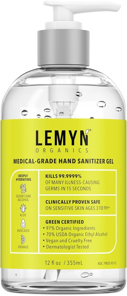 Gel d'assainissement des mains médicale – 97 % biologique (70 %) USP Alcool éthylique (70 %) Alcool hydratant + acide hyaluronique (12 oz) Bouteille avec pompe