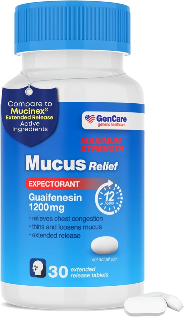 GenCare Mucus Relief 1200 mg Maximale Stärke (30 Zähler) 1200mg Guaifenesin Extended-Release Tabletten – Expectorant für Chest Congestion Relief für Erwachsene – Vergleichen Sie Maximale Stärke 12 Stunde