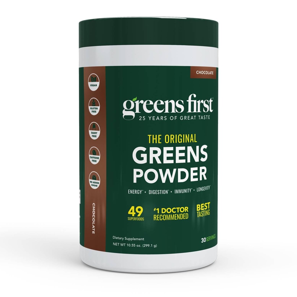 Greens First Original Greens Powder - 49 Superfoods - Bio Fruits & Veggies - Präbiotika, Probiotika & Verdauungsenzyme - Antioxidant Smoothie - Dairy Free, Vegan, Non-GMO (Chocolate, 30 Servietten)