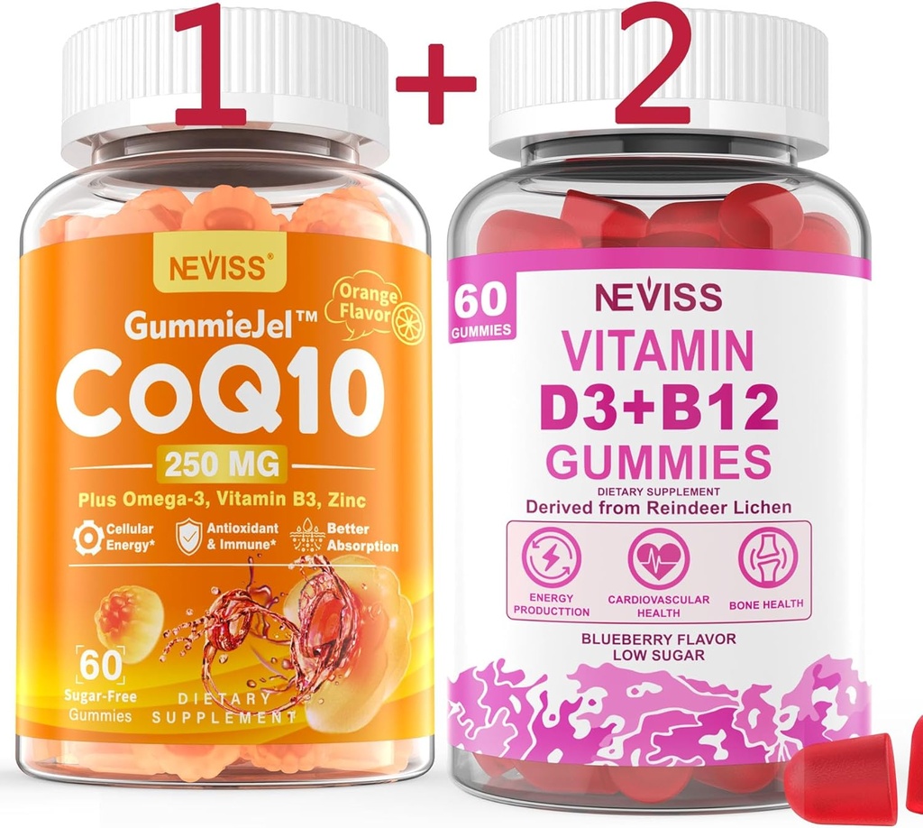 NEVISS Zuckerfreie CoQ10-250mg gefüllte Gummis,60Cts + Vegan Vitamin D3 5000IU & Methyl B12 1000mcg Gummis, 120Cts