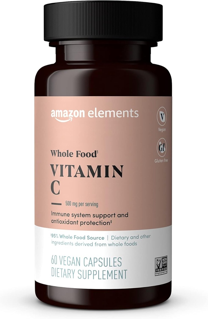 Elemente - Ganzes Essen Vitamin C, 95% Ganze Nahrungsquelle, Nahrungs- und andere Zutaten aus ganzen Lebensmitteln, nicht-GVO-verifizierte Zutaten, vegan zertifiziert und glutenfrei, 60 Kapseln