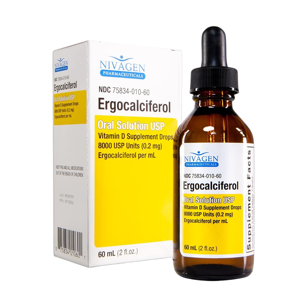 Nivagen Vitamin D2 Flüssigkeitstropfen 8.000 USP (Ergocalciferol) | 400 IU pro Servieren | 2 Tropfen Einmal täglich | 1.200 Servierungen, 60ml (2 fl. oz) | Schnellere Absorption | Knochen, Muskel- und Immununterstützung | Made in USA