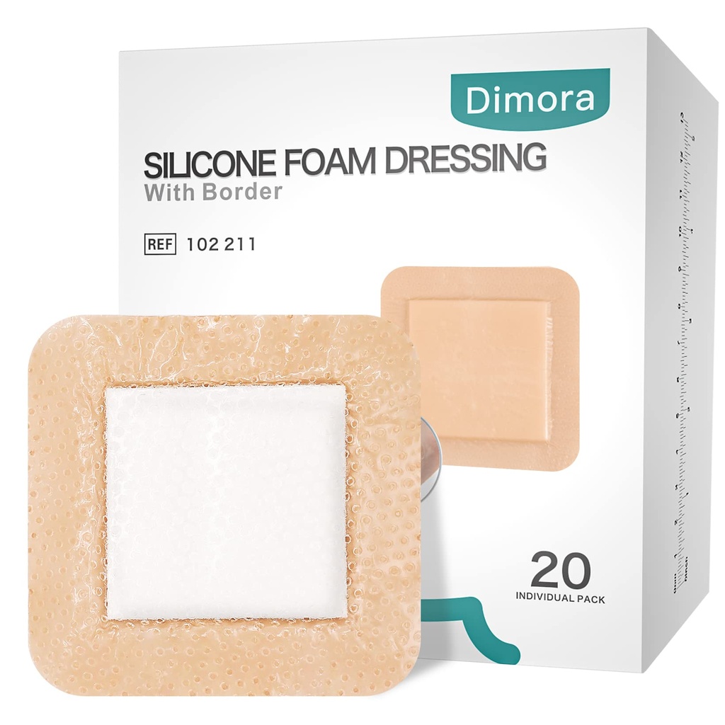 Dimora Mousse en silicone Dressing avec bordure 20 Pack Adhésif 4"x4" Poignée imperméable pour soins de la plaie