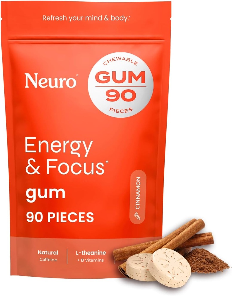 NeuroGummi Energy & Focus Gum (Cinnamon, 90 Stück) | 40mg Natürliches Koffein + L-Theanin + Vitamin B12 & B6 + Xylitol | Zucker Kostenlose Nootropic kognitive Hirnleistungsergänzung