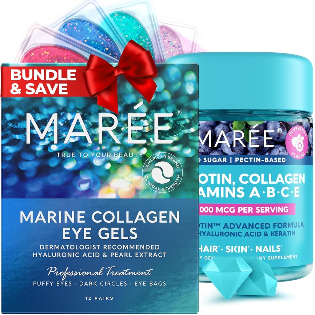 MAREE Beauty Bundle - Under Eye Gels & Biotin Gummies - Marine Collagen & Hyaluronsäure, A B C E Vitamins Complex mit Keratin & Pantothenic Acid - De-Puff Eyes & Dark Circles, Haut, Nägel & Haar