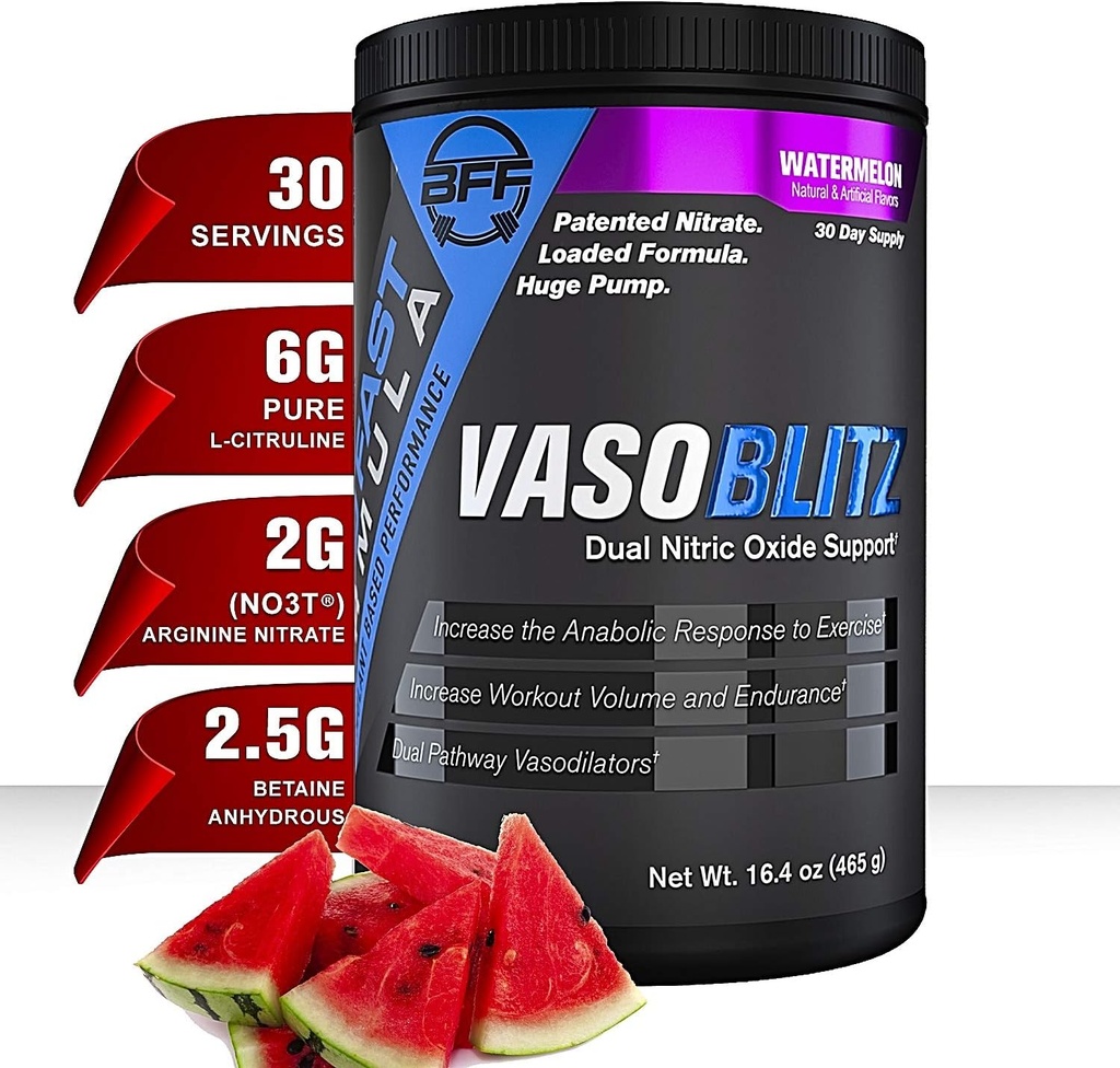 Prix VASOBLITZ Gagnant Dual Nitric Oxide Préentraînement avec NO3T Nitrate Arginine,L-Citrulline,Betaine Anhydrous,Calcium Lactate,Caffeine Free for Muscular Endurance(30 Service) (Watermelon)