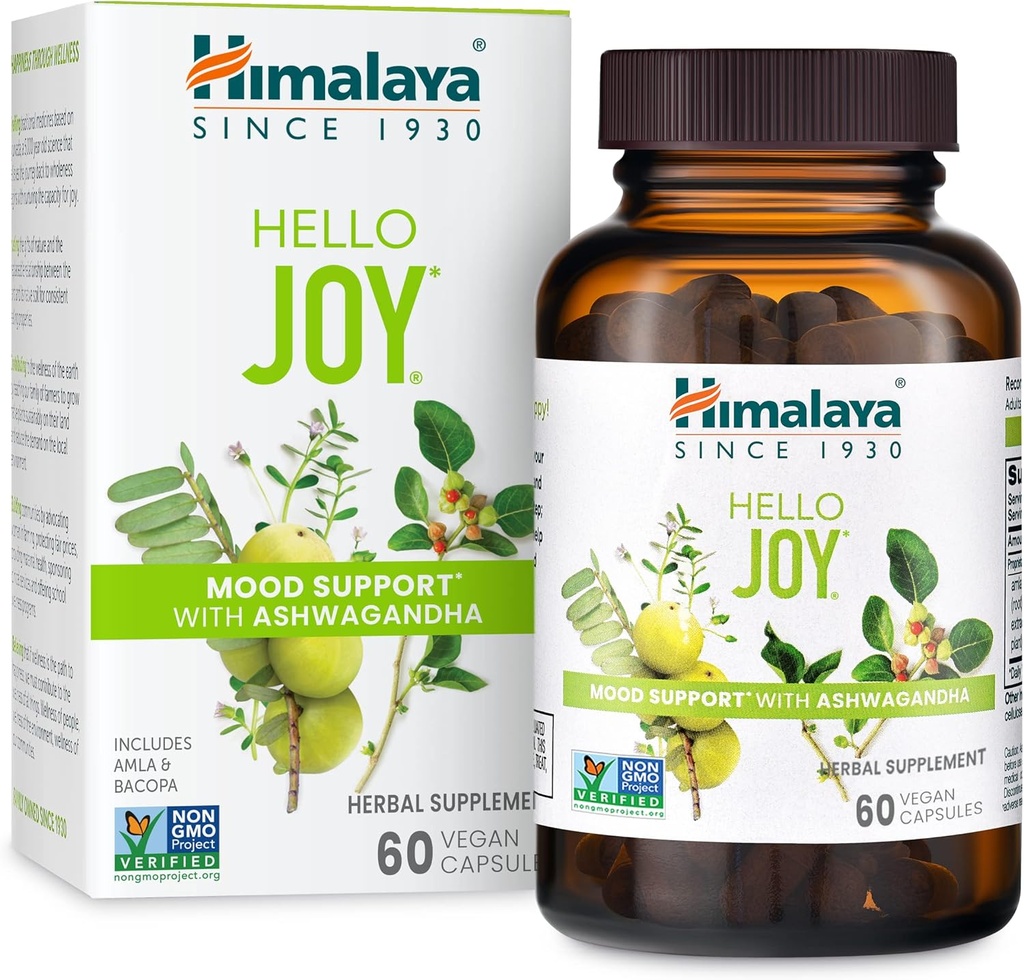 Himalaya Hallo Freude Kräuterergänzung, mit Ashwagandha, Amla, Bacopa, Heilige Basil/Tulsi, Positive Ausblick, Unterstützt Motivation, Stress Relief, Balanced Cortisol, Non-GMO, Vegan, 60 Kapseln