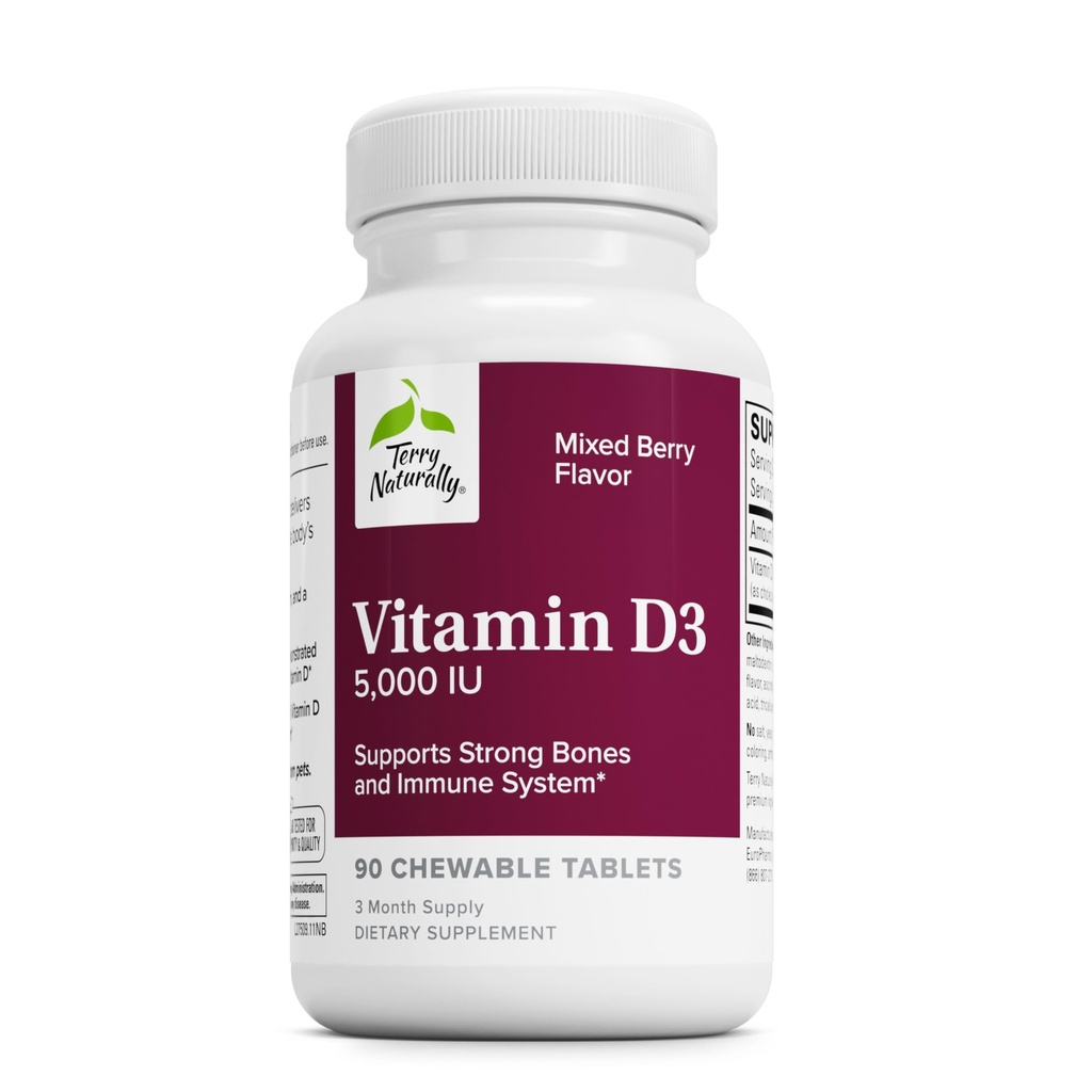 Terry Natürlich Vitamin D3 - Knochengesundheit & Knochenstärke Supplement - Nahrungsergänzungsmittel für Immunsystem & Gehirn Unterstützung - 5.000 IU Vitamin D Tabletten mit gemischtem Berry Flavor - 90 Kautabletten