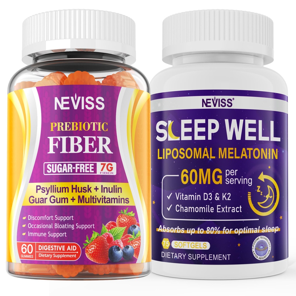 NEVISS Fibre prébiotique 7G Gommies pour adultes + Melatonine 60mg pour adultes
