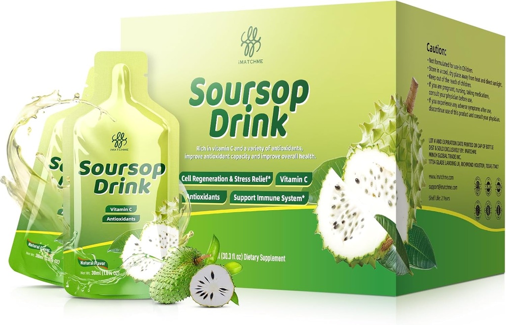 iMATCHME Soursop Bitters Liquid, Soursop Drink with Graviola Fruit Extract and Vitamin C for Cell & Immune Support, Antioxidants and Digestive Health, Natural Flavor, 30 oz (30 Packets)