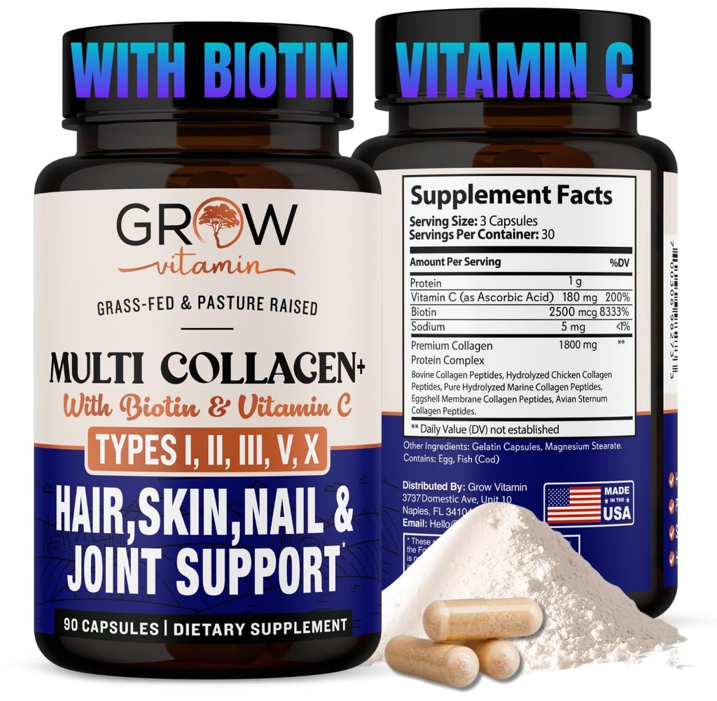 faire pousser la vitamine Multi Collagène Capsules 1800MG (Types I, II, III, V & X) - Non OGM, Collagène herbeux - Anti Vieillissement Support pour les cheveux, la peau, les ongles - Pilules protéiques pour le soutien articulaire - 90 Capsules