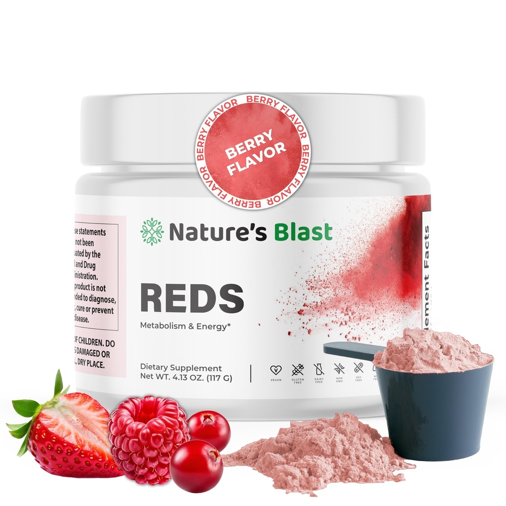 Rouges - Métabolisme et énergie Superaliment en poudre avec 23 fruits rouges, 4 adaptogènes, probiotiques et enzymes - mélange antioxydant végétalien, 1 bouteille