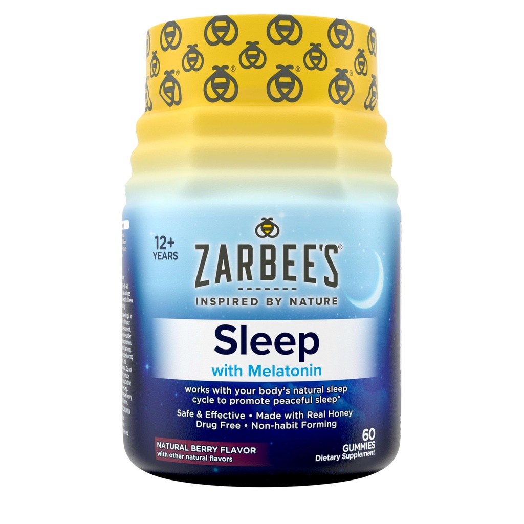 Zarbee's Melatonin Gummies 3mg Supplément de sommeil pour promouvoir le sommeil paisible, saveurs naturelles de fruits mélangés, adultes Gummy Âge 12 Jusqu'à, 60 Compte