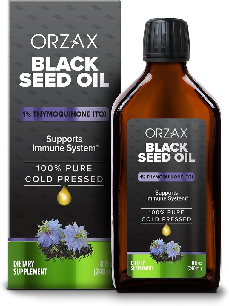 ORZAX Black Seed Oil Liquid (8 fl oz) - Kalt Pressed 100% Pure | Vegan, Glutenfrei, Non-GMO | 5000mg Black Cumin (Nigella Sativa) Öl mit 50mg Thymoquinone | Reich an Omega 3-6-9 | Glasflasche