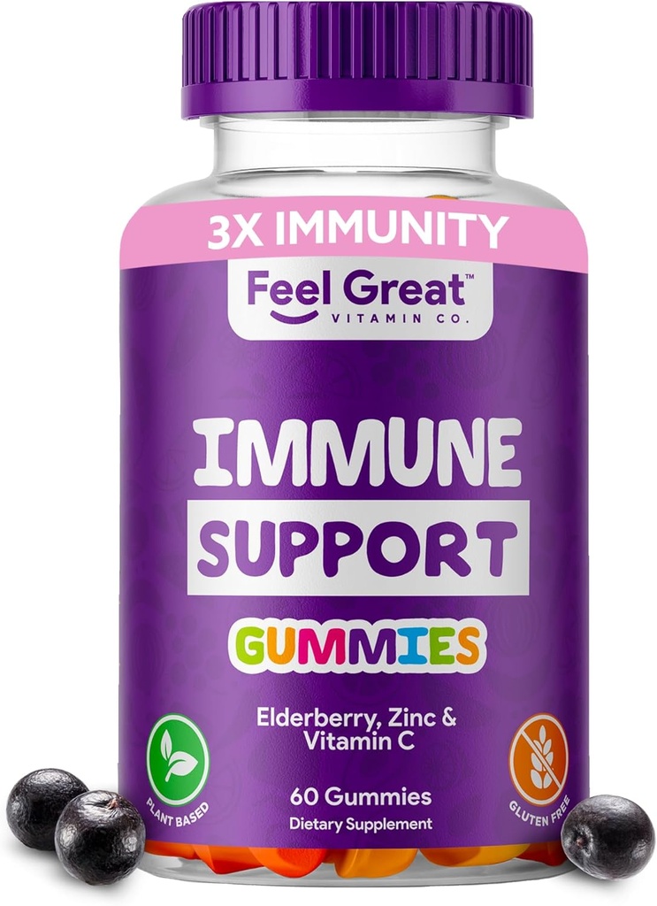 Fühlen Sie große Immunität Unterstützung Gummis mit Elderberry, Zink und Vitamin C | Sambucus Nigra Supplement | 60 Gummis