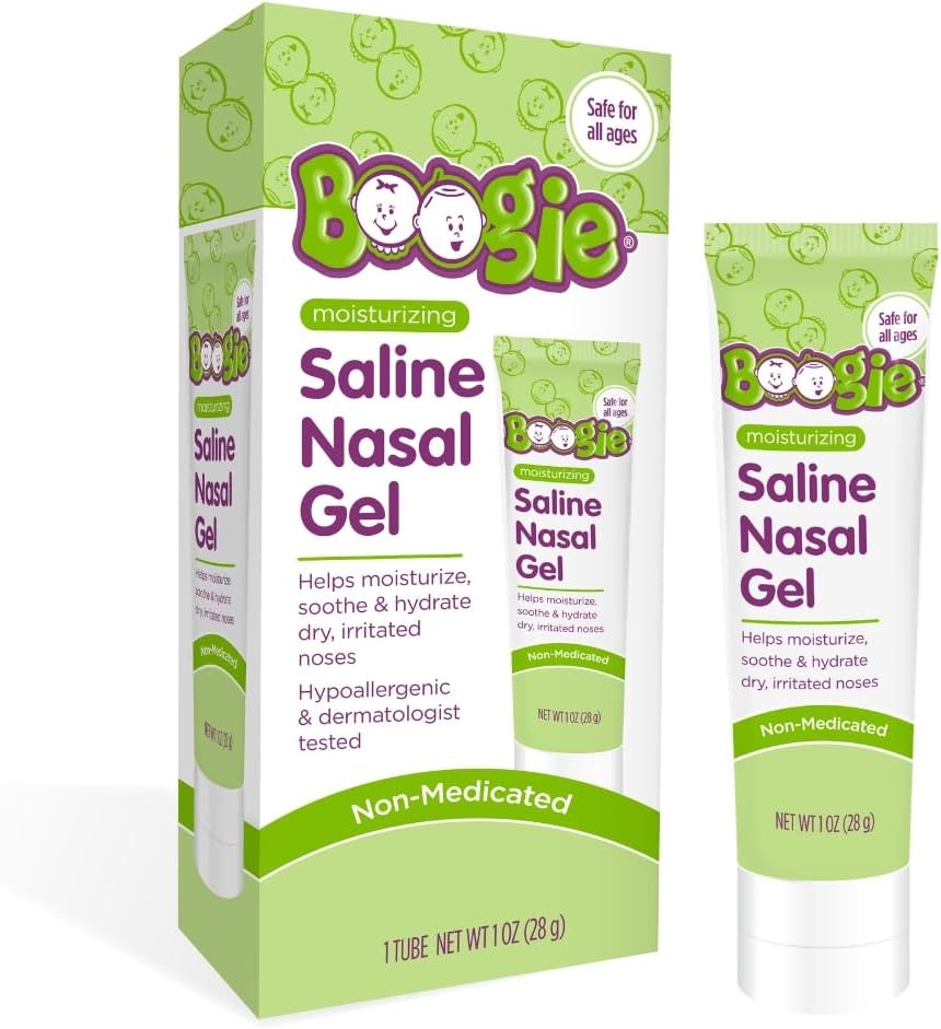 Gel nasal boogie saline, fabriqué avec du saline aloe et isotonique, des apaisements et des hydrates Nez sec ou irrité, sans parfum, boîte de 1