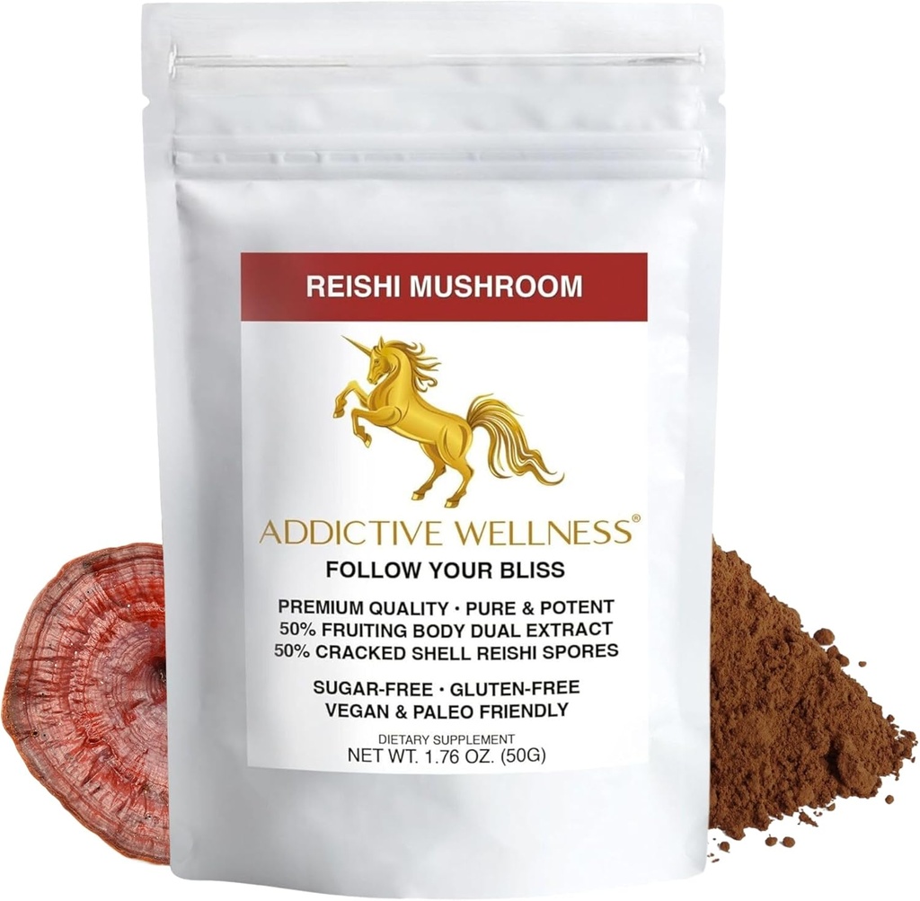 Addictive Wellness Reishi Pilzextrakt Pulver + Spores (50/50 Blend) Wood Grown Pure & Potent Wildcrafted Ganoderma 50g (1.76 oz)