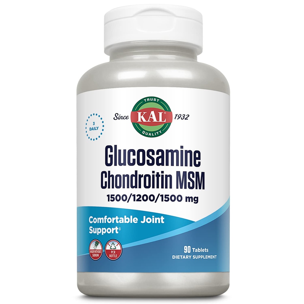 KAL Glucosamine Chondroitin MSM, Joint Support Supplement für Frauen und Männer, 1500mg Glucosamine Sulfat, 1200mg Chondroitin, 1500mg MSM, Rapid Disintegration, 60-Day Garantie, 30 Servietten, 90 Tabletten