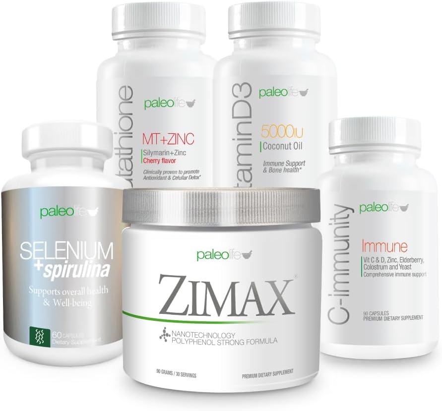 Kit Premium Maximum Defense : Ce kit de 5 suppléments et vitamines Premium comprend : Zimax, Sélénium + Spiruline, Glutathion MT + Zinc, Vitamine D3 et C-Imm.