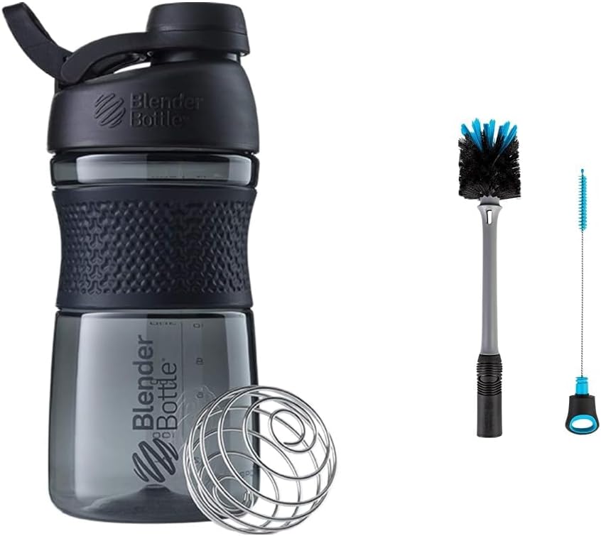 BlenderBottle SportMixer Shaker Bottle Perfect für Protein Shakes and Pre Workout, 20-Ounce, Black & 2-in-1 Shaker Bottle and Straw Cleaning Brush, 1 Pack,Gray