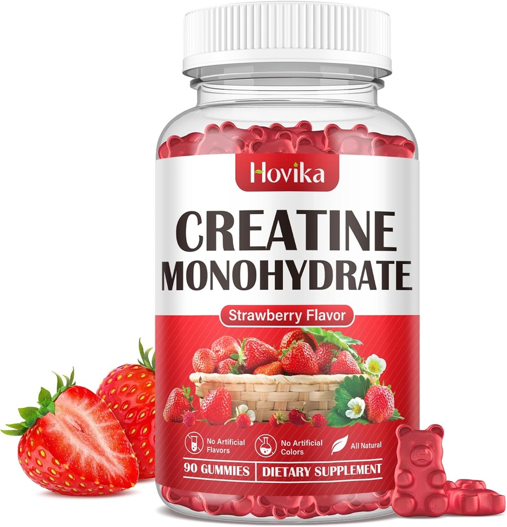 Kreatin Monohydrate Gummi für Männer & Frauen, Kaubare 3g Kreatin Monohydrat mit Vitamin B12 für Muskelwachstum & Erholung-Vegan, Natürliche Erdbeer-Flamour, 90 Gummie