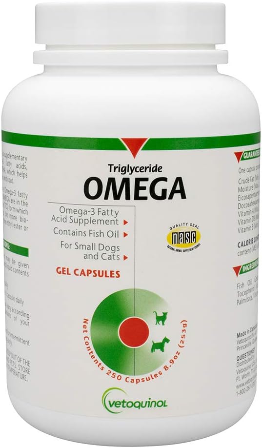 Vétoquinol Triglycéride Omega 3 supplément pour chiens et chats, supplément d'huile de poisson avec EPA et DHA, favorise la peau, manteau, joint et santé immunitaire, Omega 3 huile de poisson pour chiens et chats jusqu'à 30lbs, 250ct