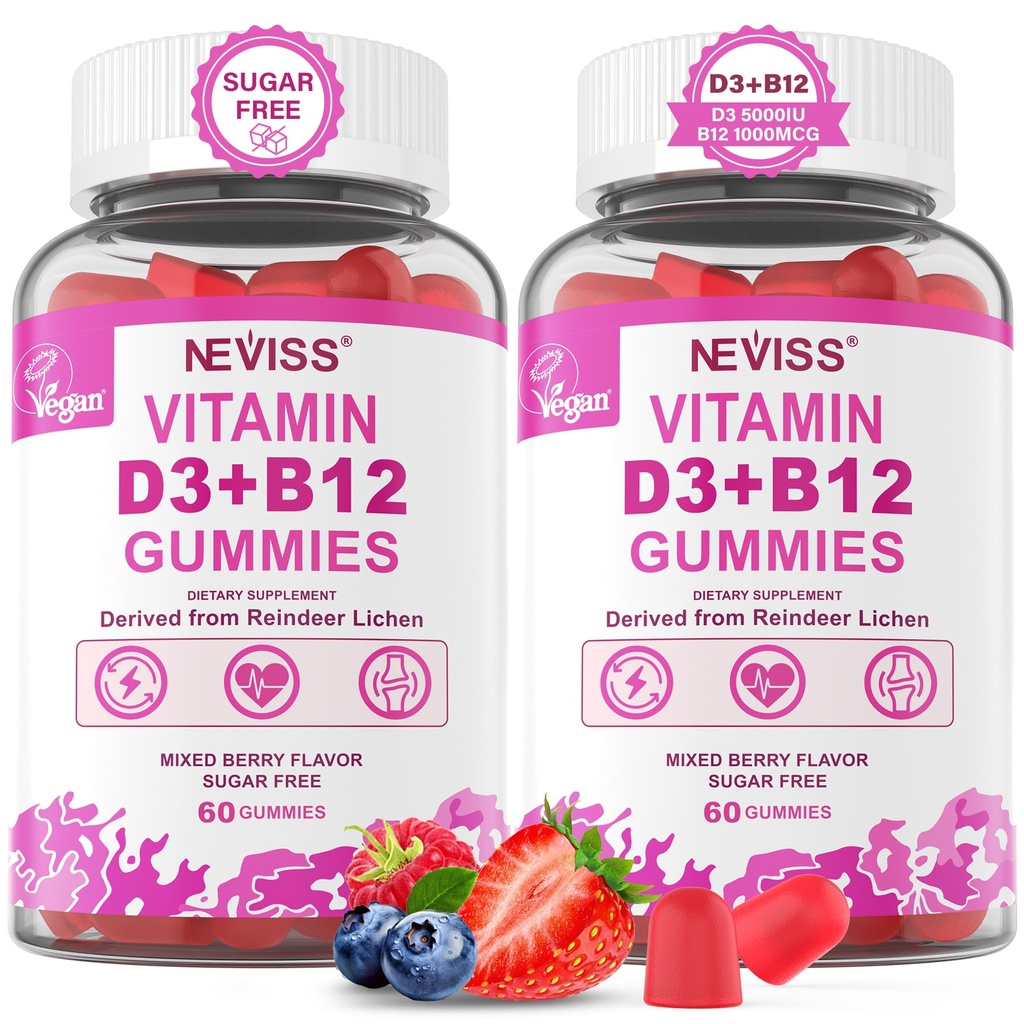 NEVISS 2Pack Vegan Vitamin D3 + Vitamin B12 Gummi, Hohe Potenz D3 5000IU & 1000 mcg Methyliertes B12, Vitamin D3 und B12 für Erwachsene, Unterstützung Knochengesundheit, Immun- & Energie-Ergänzung, 120 Zähler
