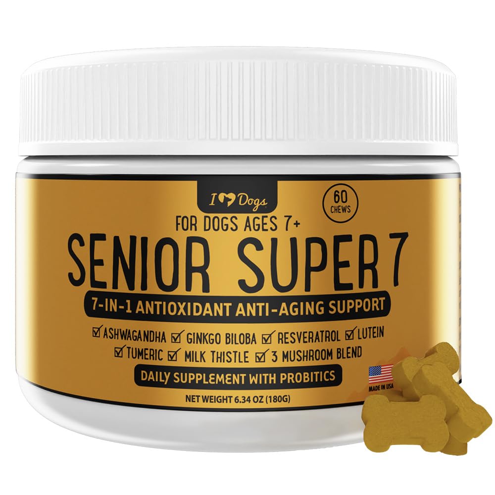iHeartDogs Senior Super 7 Daily Dog Multivitamin - 7-in-1 Vitamin für Hunde Unterstützt Anti-Aging mit Antioxidantien, Probiotika, Lion's Mane, Turkey Tail, & Ashwagandha für Langlebigkeit & Kognitive Boost