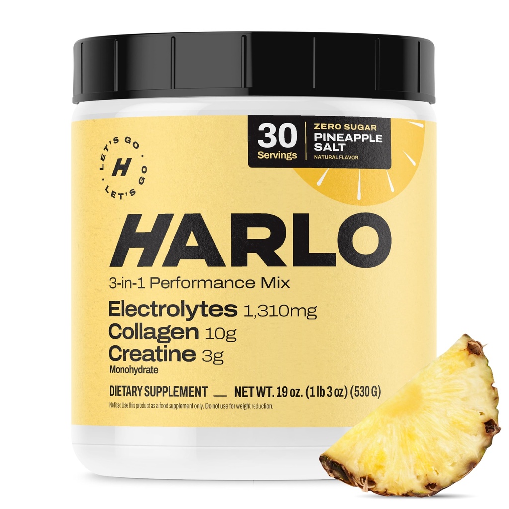 Harlo - Mélange de collagène et de créatine d'électrolyte – Arôme de sel d'ananas – Poudre hydratante avant et après l'entraînement – Soutient la peau, les articulations et la récupération musculaire – Boost énergétique sans sucre
