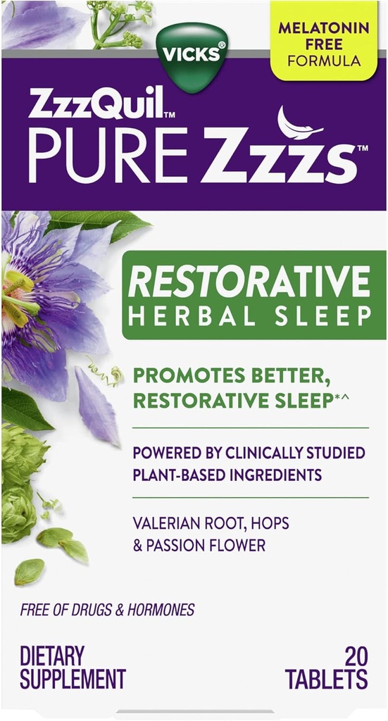 Vicks, ZzzQuil Zzzs purs Comprimés d'aide au sommeil à base de plantes restauratrices, 20 comtes