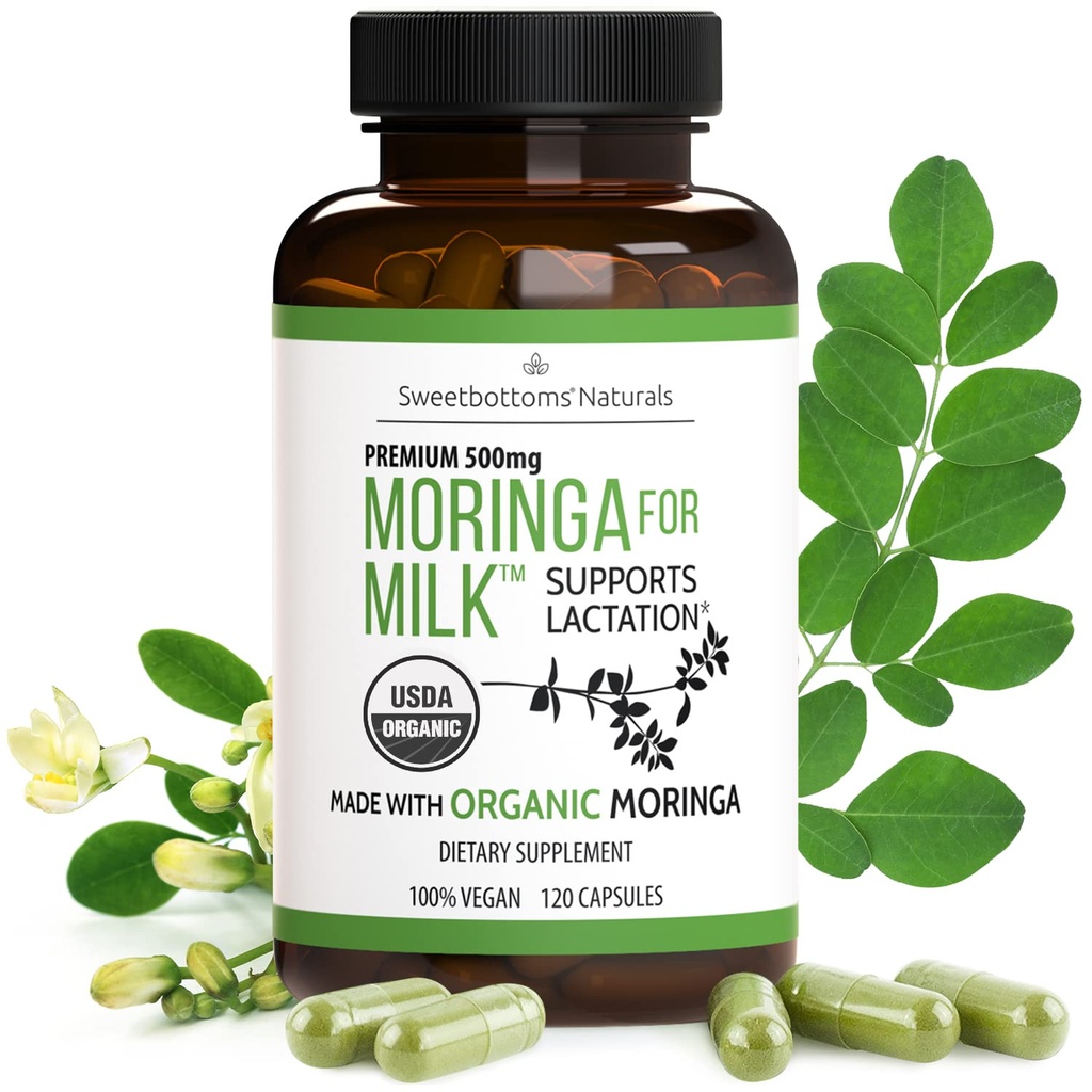 Lactation Supplement - Bio Moringa Kapseln für Stillen Unterstützung zur Erhöhung der Brustmilchversorgung (120 ct) Pure Malunggay Blatt Pulver für Milchproduktion Booster & Postnatal Vitamine A E K 500mg