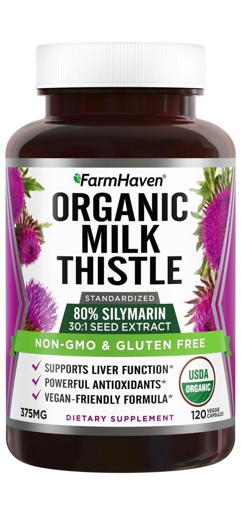 FarmHaven USDA Organic Milk Thistle Capsules | 30X Concentrated Seed Extract & 80% Silymarin Standardisiert - Unterstützt Liver Function und Gesamtgesundheit | Non-GMO | 120 Vegan Capsules