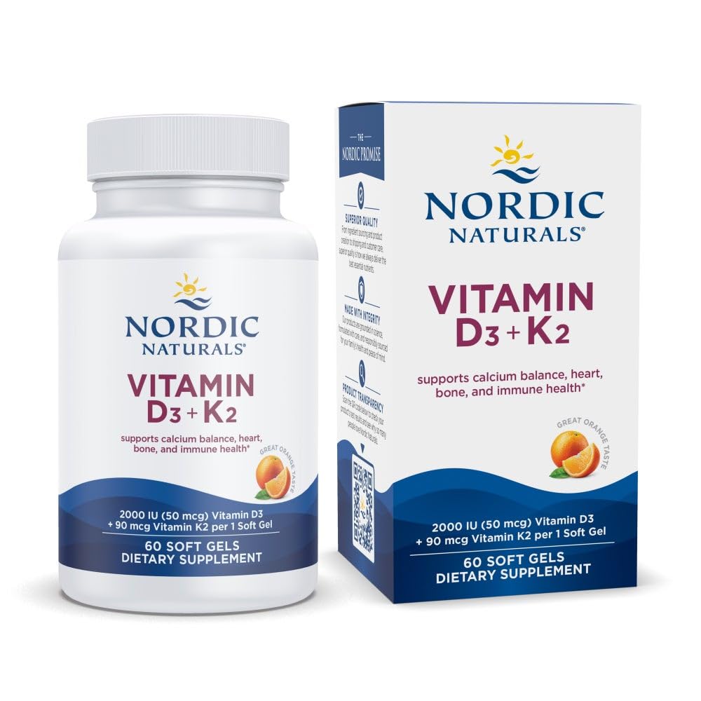 Nordic Naturals Vitamin D3 + K2, Orange Taste - 60 Soft Gels - Synergistische Unterstützung für Knochen, Immunfunktion und Kalziumhaushalt - Nicht-GVO - 60 Portionen