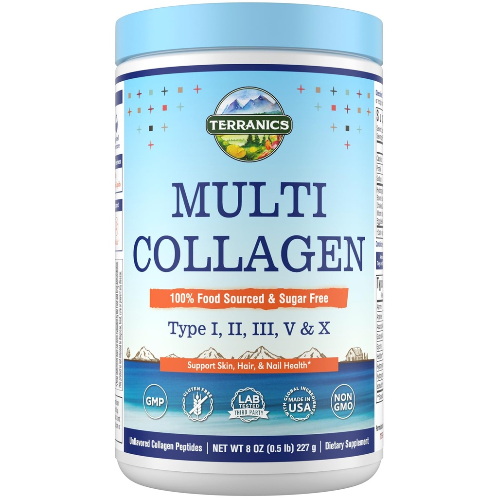 Terranics Multi Collagen Peptides Pulver, Typ I II III V X Kollagen für Frauen & Männer, Collagen Ergänzungen für Haut, Nagel, Haar, leicht zu lösen, Unflavored, kein Zucker, Keto, 8oz
