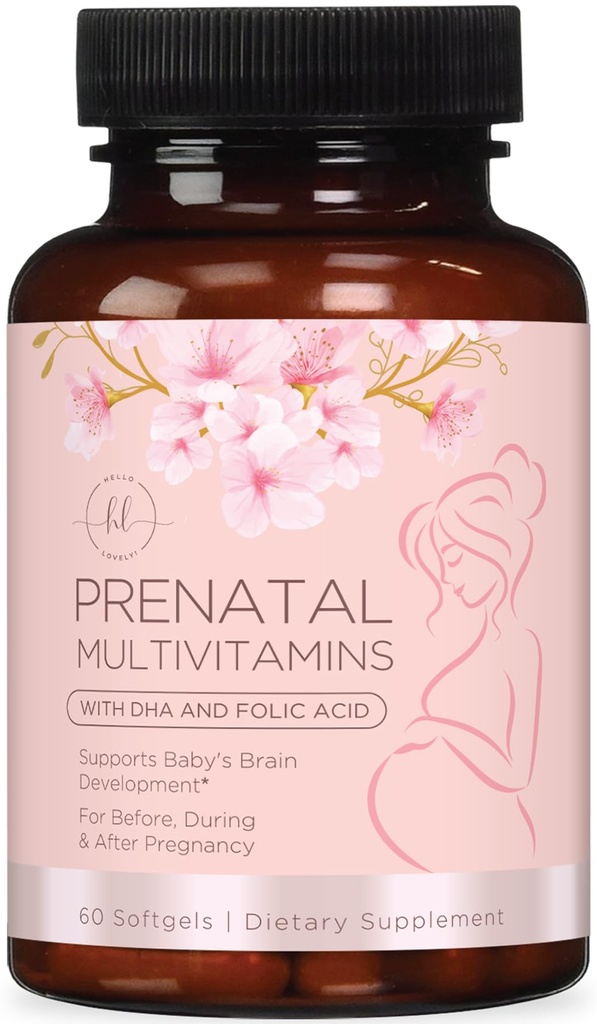 Pränatale Vitamine für Frauen mit Folsäure & DHA, Brain Development Support mit Folate & Omega 3's, Multivitamin mit Vitamin A, C, D, B6, B12 & Eisen, Schwangerschaftsergänzung - 60 Softgels