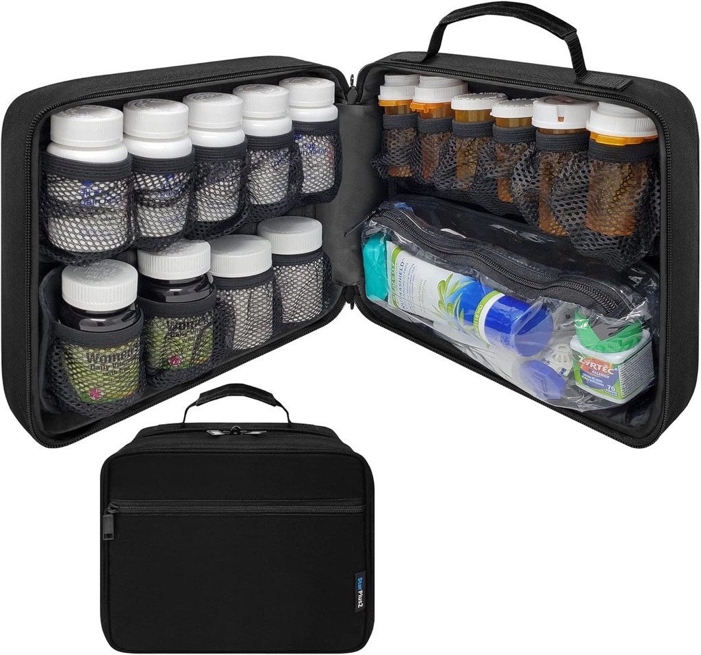 Grand organisateur de bouteilles de pilules modulaires rembourrées, sac de médecine, étui, transporteur pour les médicaments, les vitamines et les fournitures médicales - pour l'entreposage à domicile et les voyages - noir (sans serrure)